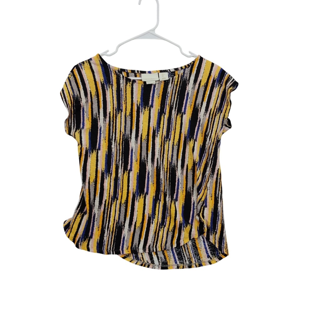 Cynthia Rowley Women Coastal Abstract 100% Linen Art To Wear Top L Yellow Stripe